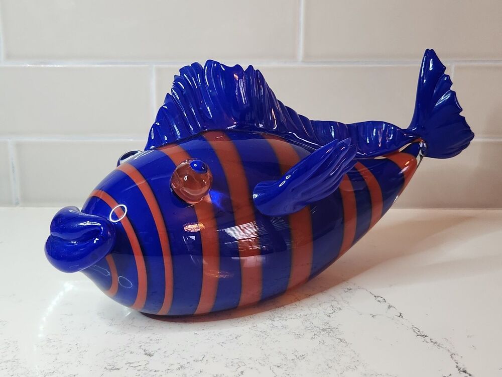 Erik Eiserling Fish Art Glass Hand Blown Sculpture Figurine Blue Orange Signed